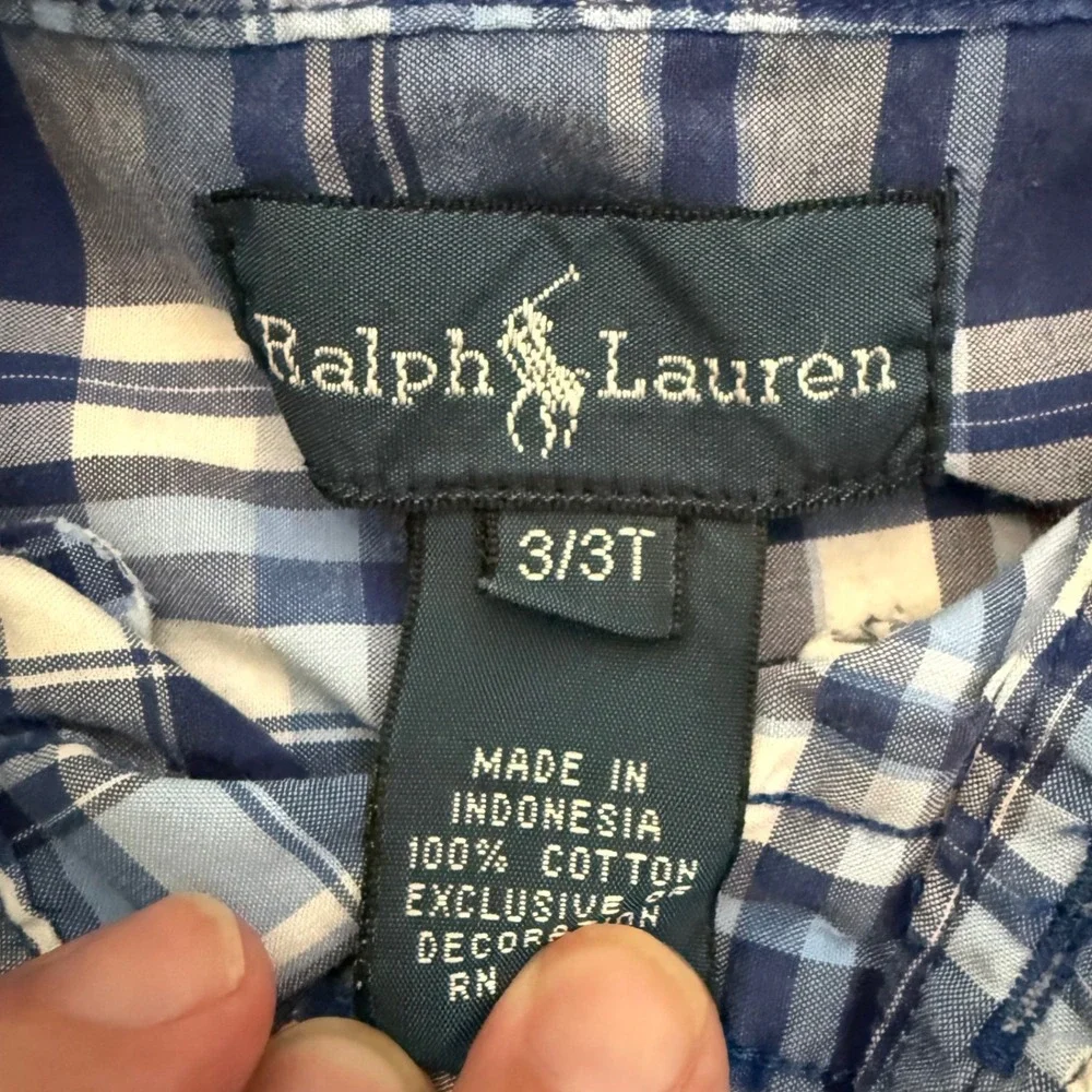 Ralph Lauren Toddler Boys 3T Blue Plaid Short Sleeve Button Front Pink Pony